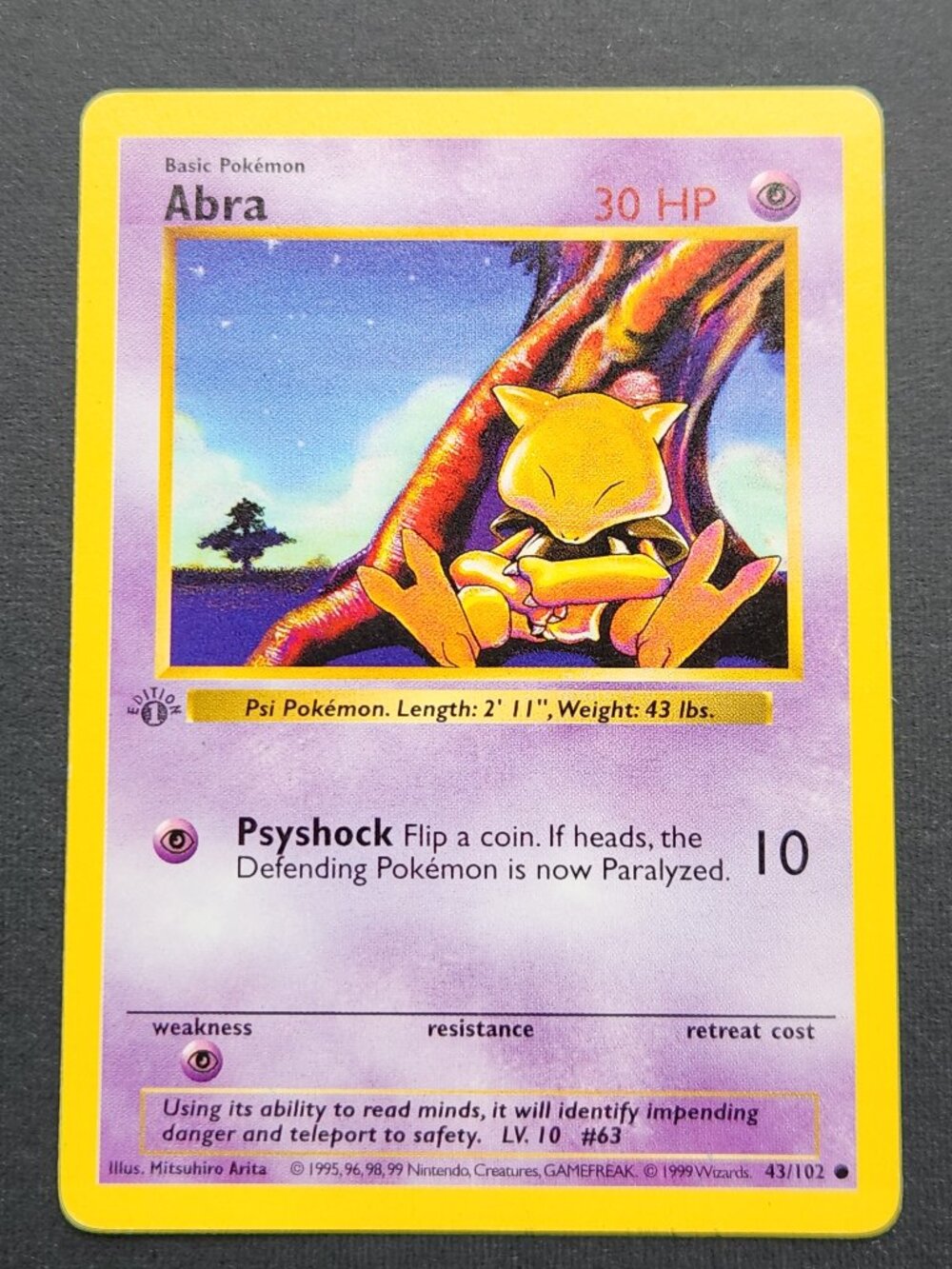 Pokemon 1st Edition Shadowless Abra 43/102 Base Set 1999 WOTC Vintage TCG LP